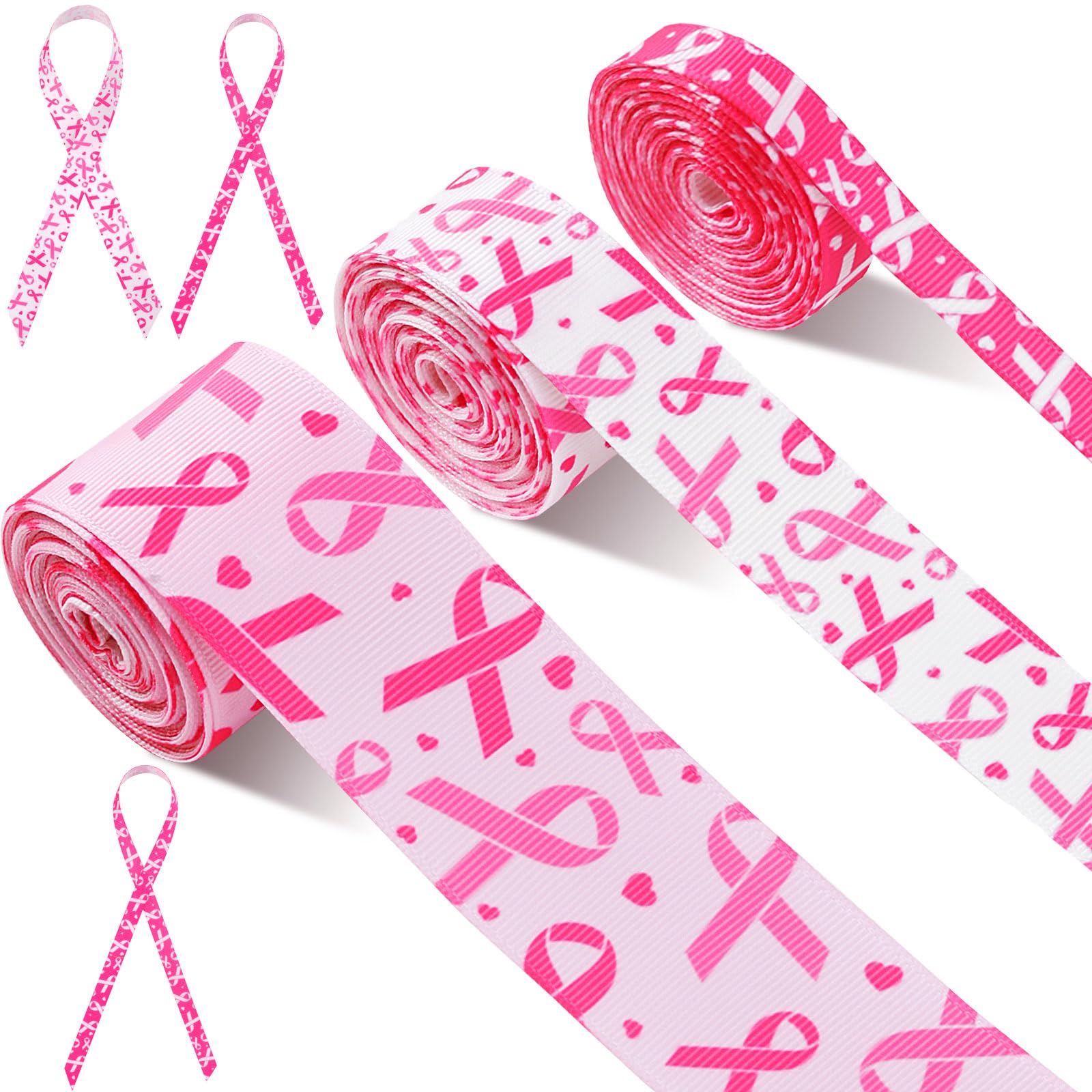 3 Rolls 15 Yards Breast Cancer Awareness Grosgrain Ribbon, Pink Ribbon Printed Decorative Ribbon for Breast Cancer Month Gift Wrapping Hair Bows Sewing Bouquet DIY Crafts