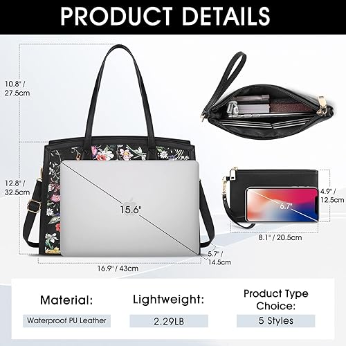 Miniatura 10 de Bolsa para laptop para mujer de 15.6 pulgadas, impermeable, maletín de trabajo de gran capacidad, bolso de cuero para oficina, negocios, 2 unidades,