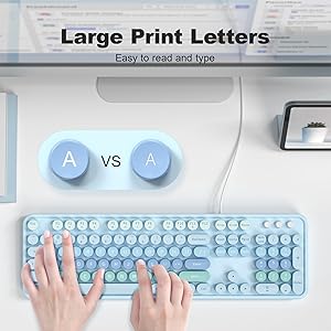 MOFII Large Print Keyboard, USB Wired Computer Keyboard, Full Size Round Key Retro Typewriter Keyboard for Laptop PC Windows- Pale Blue