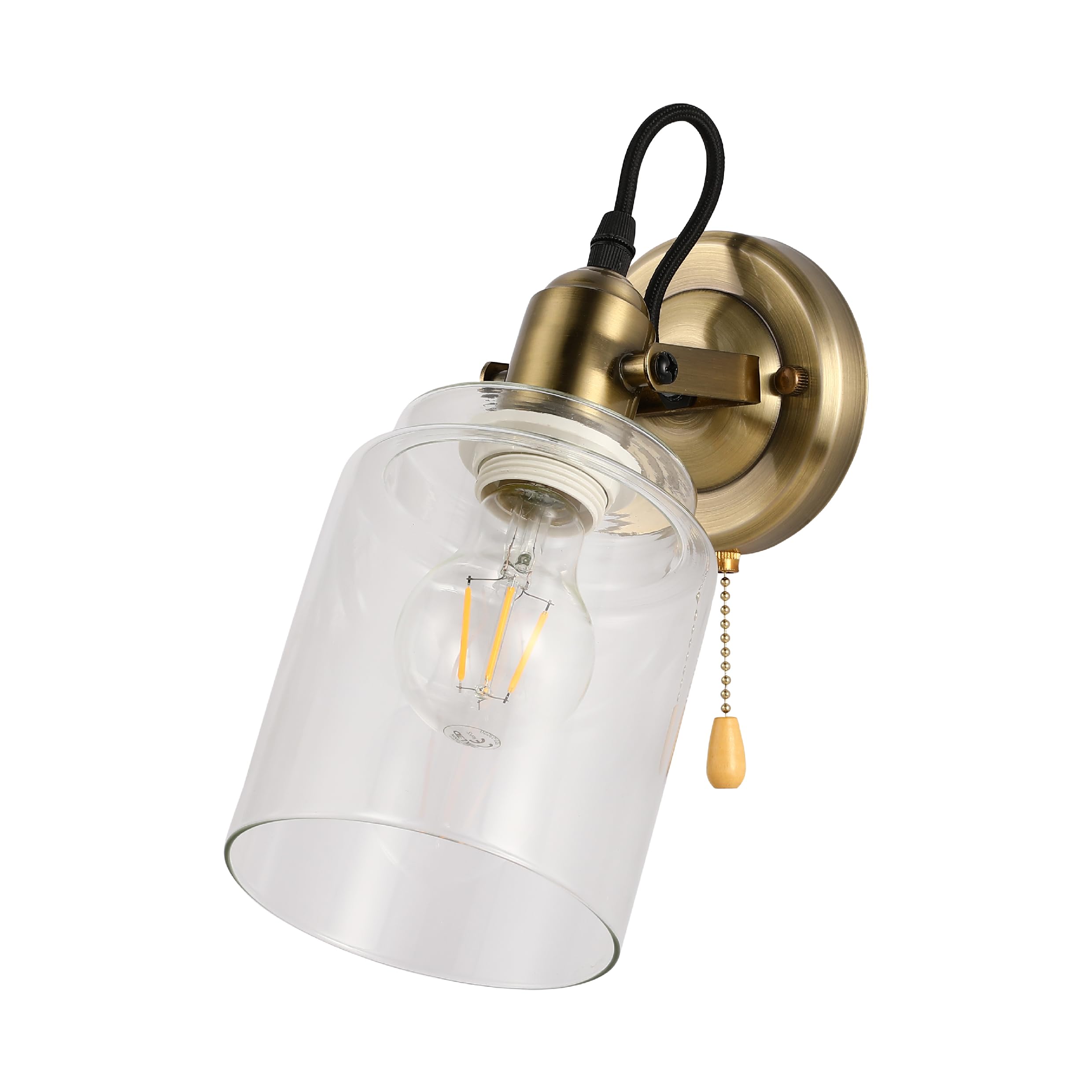 Tekled Antique Brass - Clear Myhome Adjustable Glass Cone Wall Light With Pull Down Switch | E27 Fitting | For Bedrooms Living Rooms Hallways Cafes Restaurants Commercial Spaces | (Bulb Not Included)