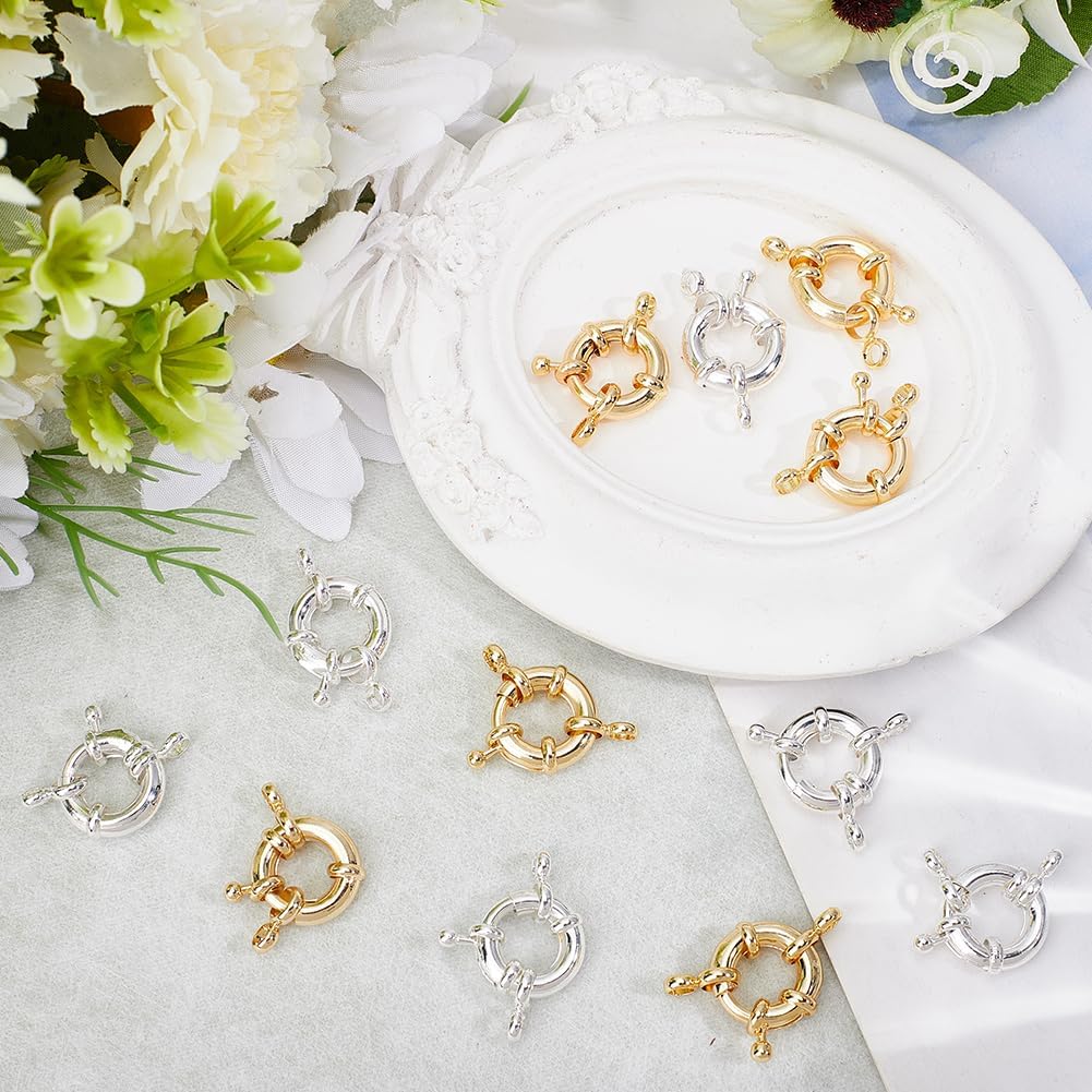 Beebeecraft 12Pcs 2 Colors Spring Clasps Ring 24x19.5x5.5mm 14K Gold&Sterling Silver Plated Brass Necklace Link Connector Charm with 2 Holes for Jewelry Making Bracelets DIY Craft