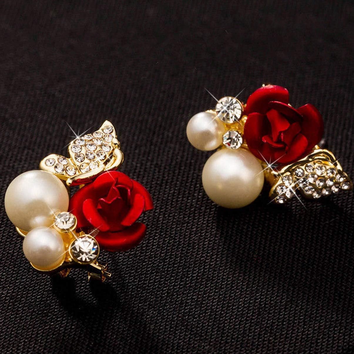 Flower Pearl Earrings - CZ Floral Pearl Stud Earrings for Women,S925 Sterling Silver Red Rose Pearl Stud Earrings Hypoallergenic,Spring Dainty Earrings Gifts for - Image 2