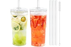 Puraville Premium 20oz Glass Drinking Cups with Airtight Lids and Straws