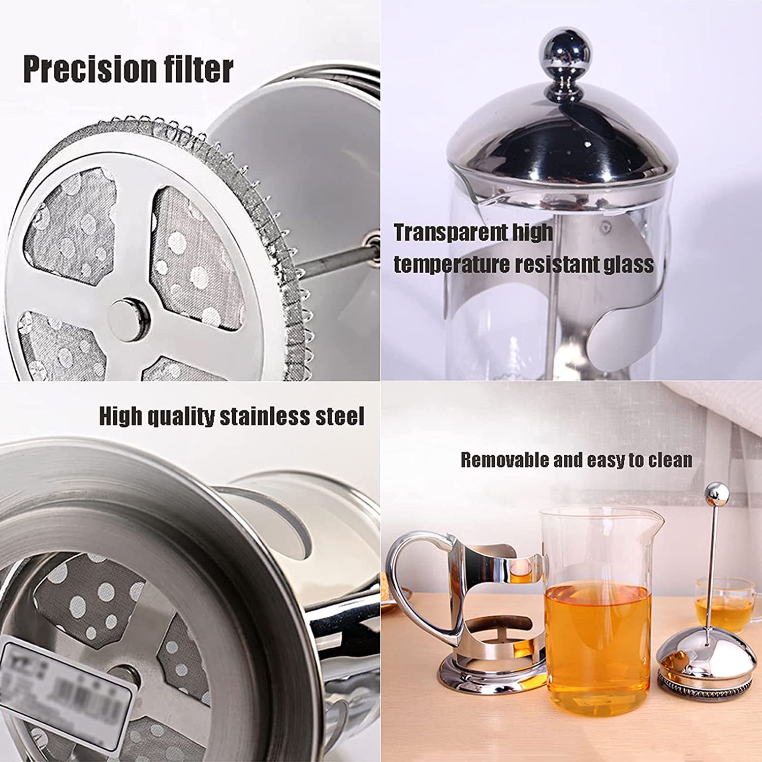 RWRAPS Cafetera de Prensa Francesa con Filtro de 3 Niveles, prensador de café de Acero Inoxidable de borosilicato Resistente al Calor, cafetera y Tetera, 600 ml (300 ml)