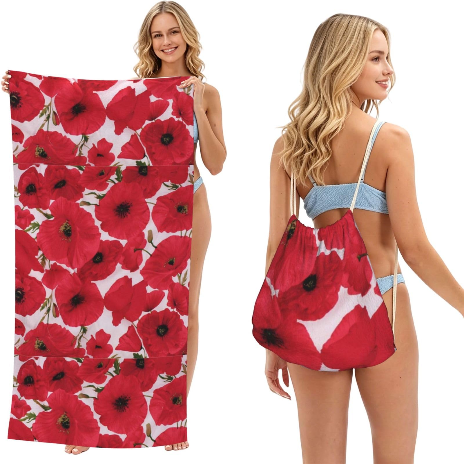 Poadnly As Picture Poppy Red, 2 In 1 Packable Towel Bag, Beach Towels With Drawstring Backpack For Travel Holiday Camping