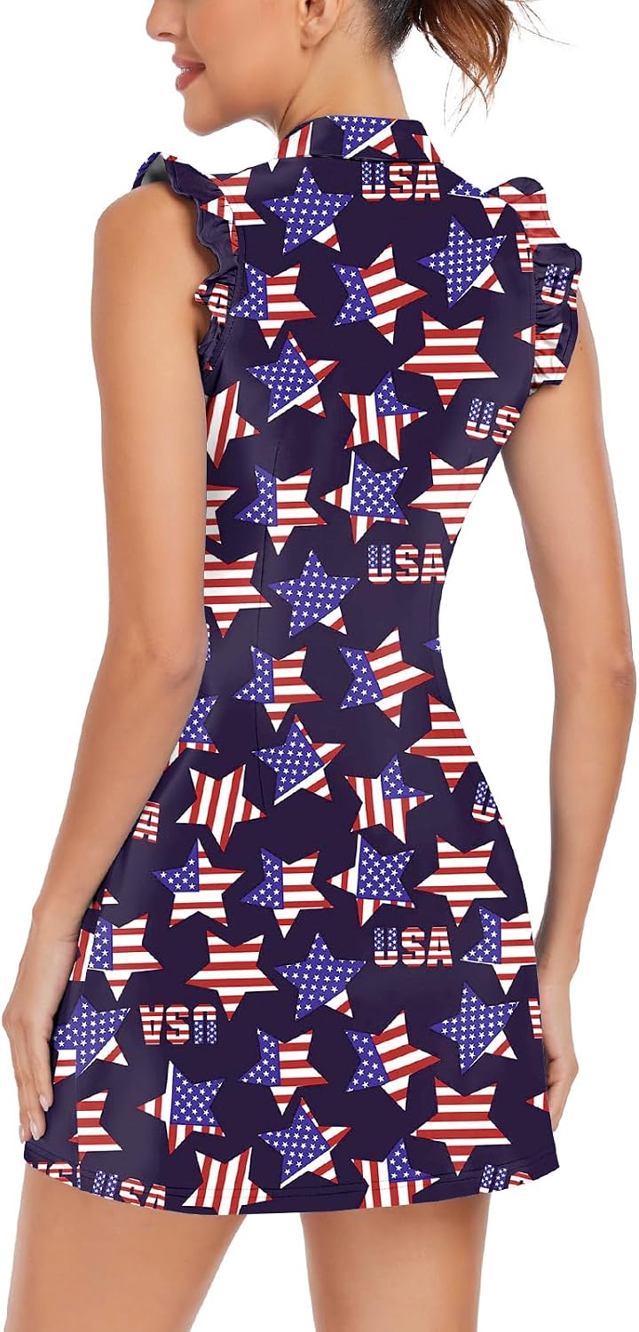 WOWENY Petal Sleeve Tennis Golf Dress for Women with Shorts and Pockets Workout Athletic Sport Sleeveless Dresses