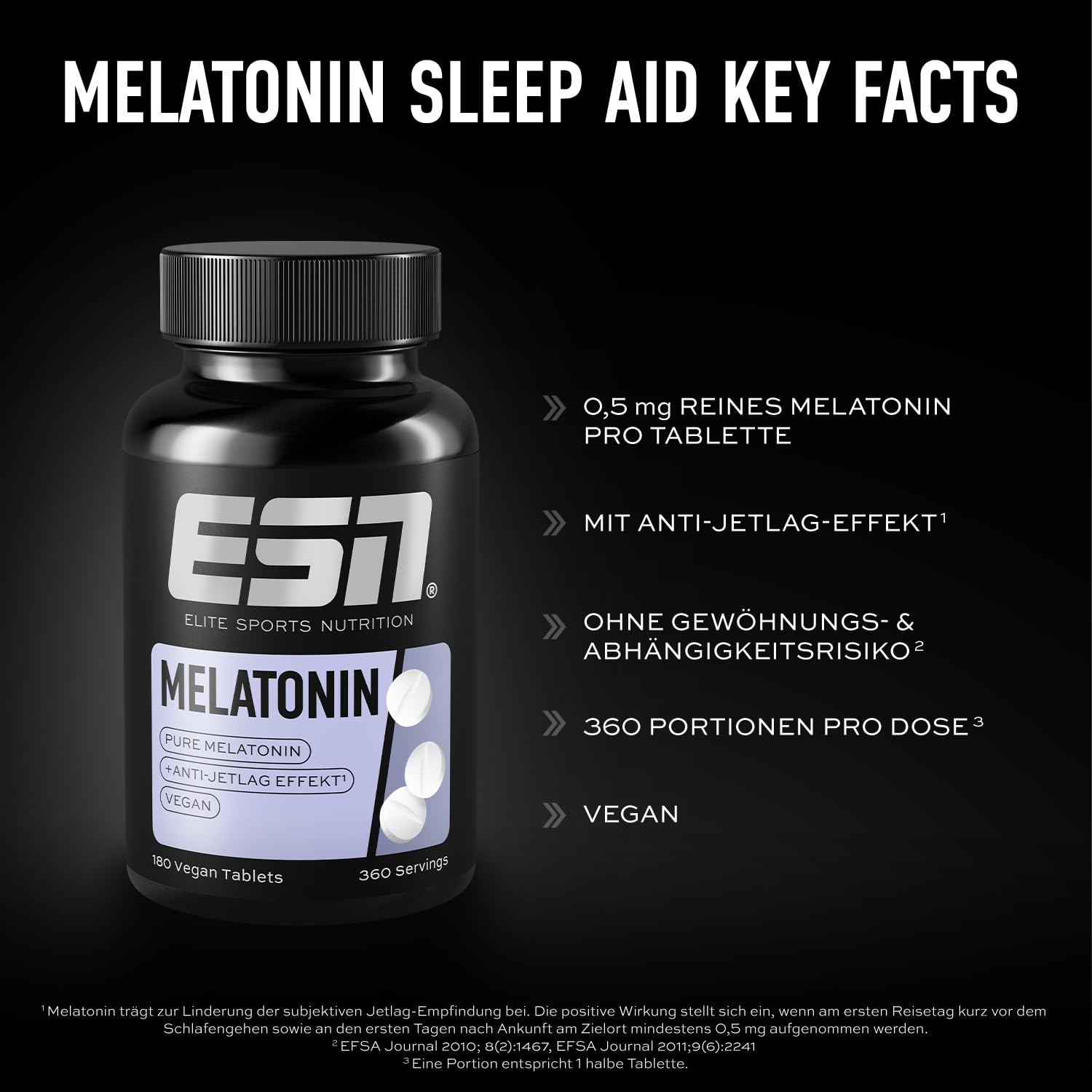 ESN Melatonin Sleep Aid, 180 Tabletten, 0,5 mg reines Melatonin pro Tagesportion, Anti-Jetlag-Support - made in Germany