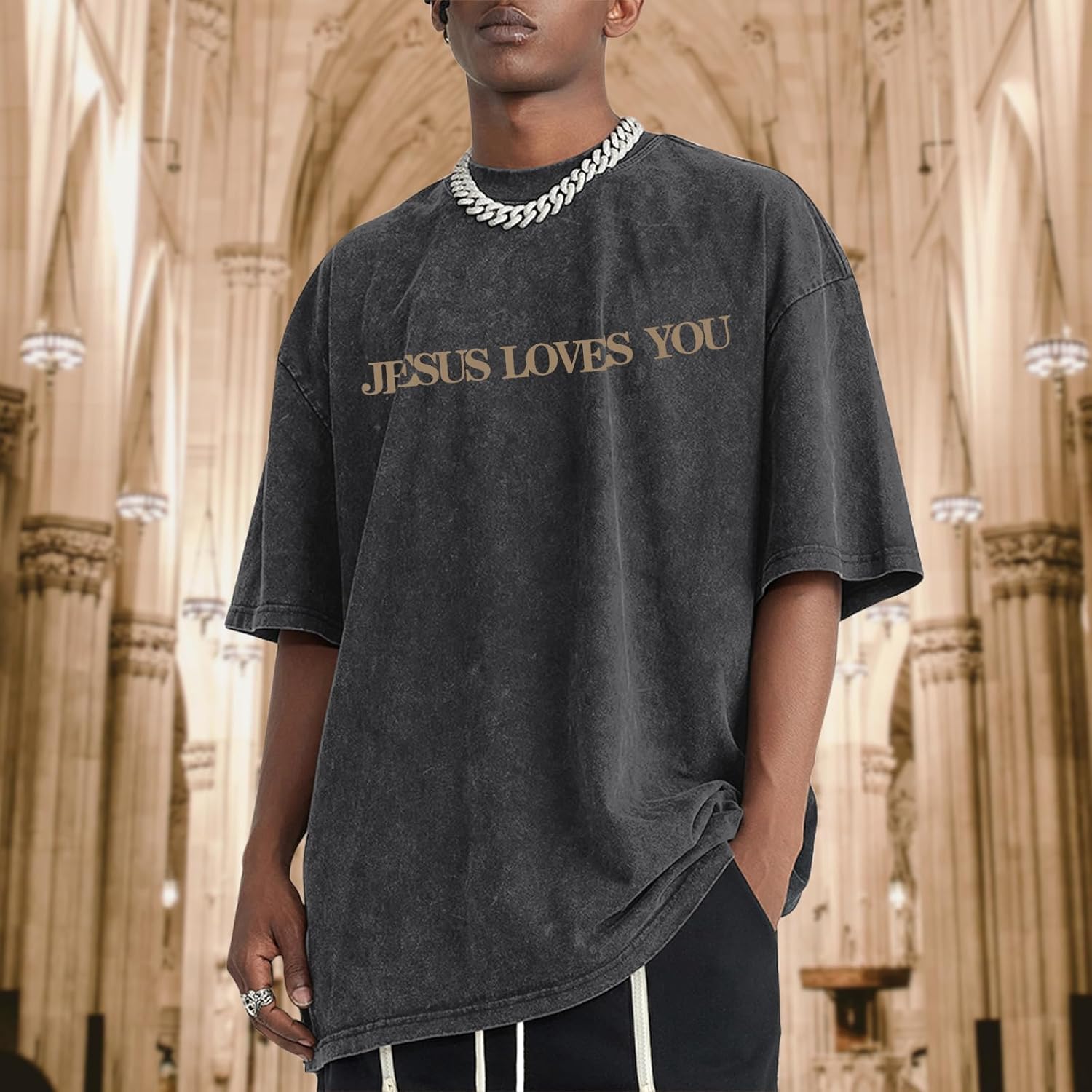 Christian Jesus Loves You Shirts for Men Religious Oversized Graphic Tees Jesus Faith Acid Wash T Shirt God Top - Image 2