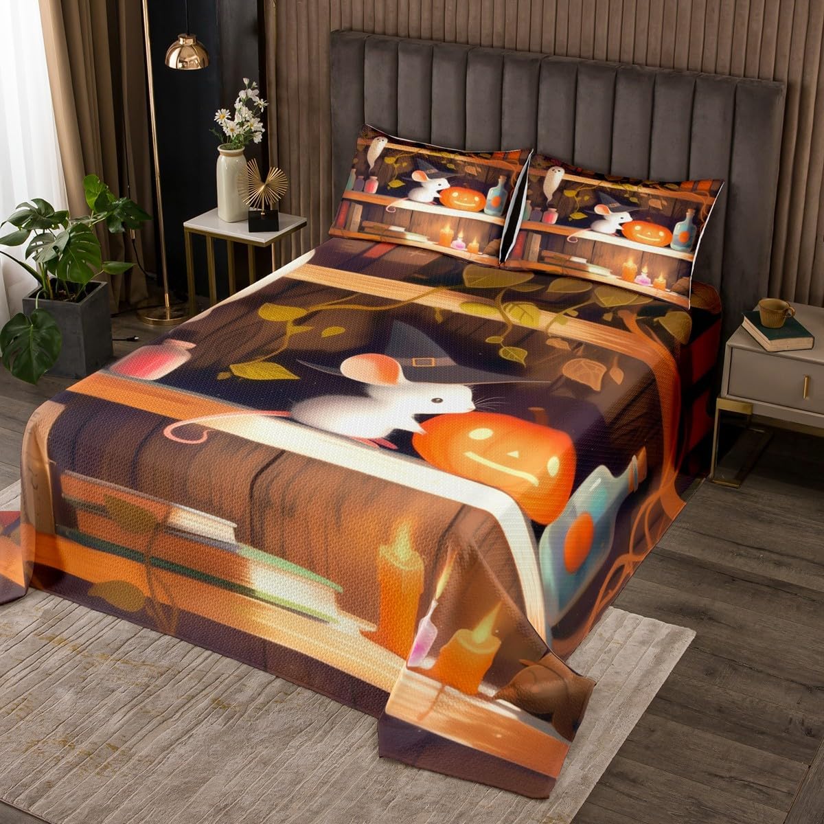 Cute Witch Mouse Bedspread Queen Size for Kids Girls Boys,Cartoon Halloween Theme Decor Bedding Set 3Pcs,Pumpkin Lantern Comforter Set Vintage Bookshelf Pattern Quilt Coverlet,2 Pillowcases