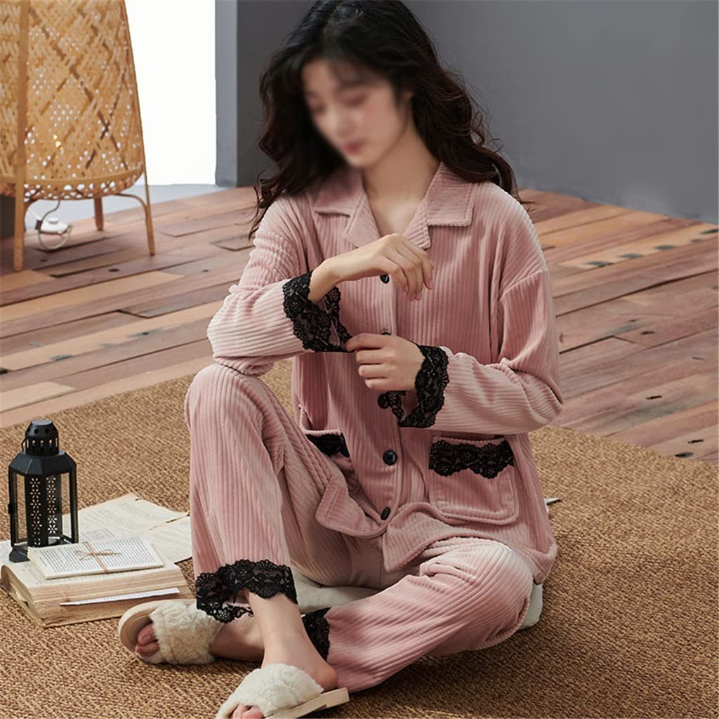 Winter-Flanell-Pyjama-Set Damen-Fleece-Nachtwäsche Heimkleidung Dicker Warmer weiblicher Nachthemd-Anzug-Pyjama (Color : Pink, Size : XXL-Code)