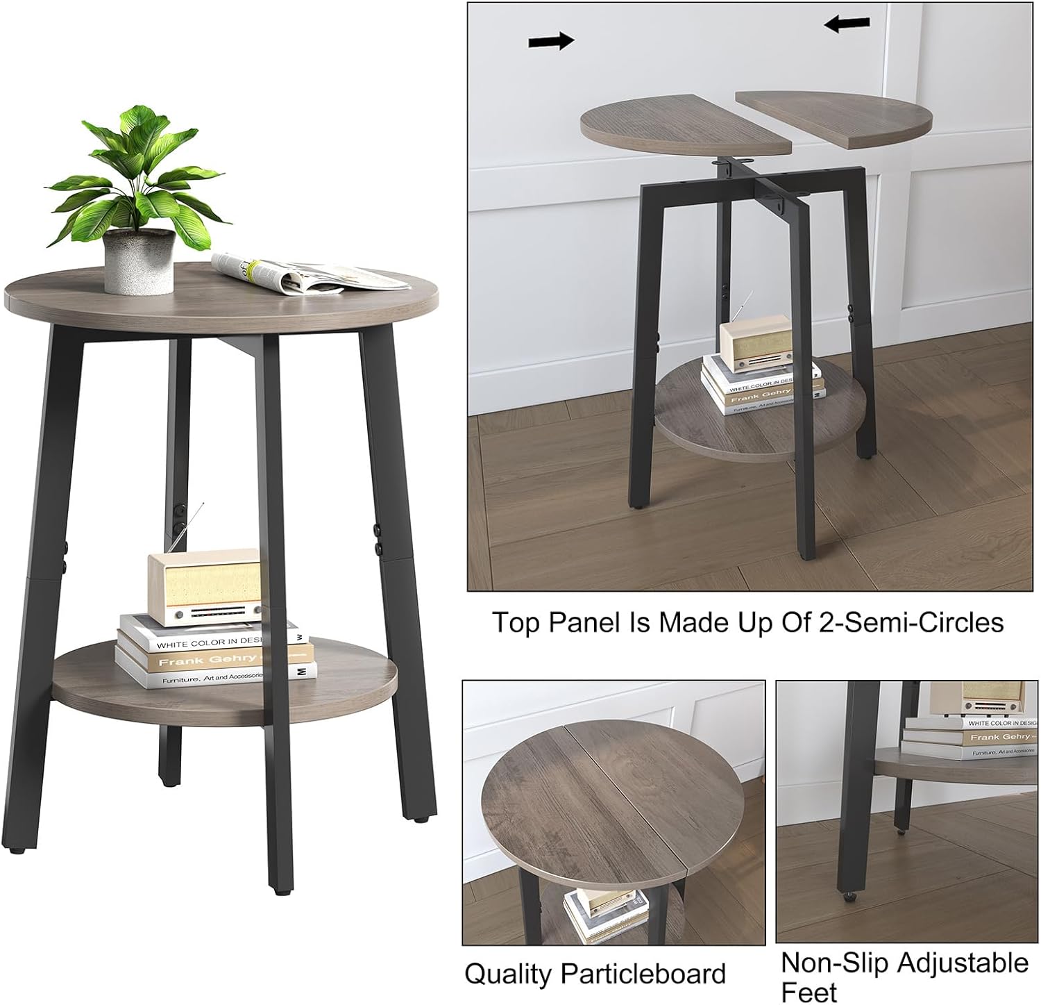 sthmec Side Table Set of 2, Small Round End Table with Storage Shelf for Small Space, 2-Tier Bedside Table Sofa Couch Table, Nighstands Set of 2 Accent Table for Living Room, Bedroom, Grey