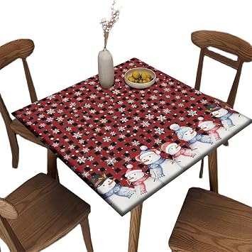 Square Fitted Elastic Edge Table Cloths, Red and Black Checkered Snowman Polyester Table Cloth, for Outdoor Picnic Camping and Indoor Kitchen Dining Party, Fit for 52" x 52"Square Table
