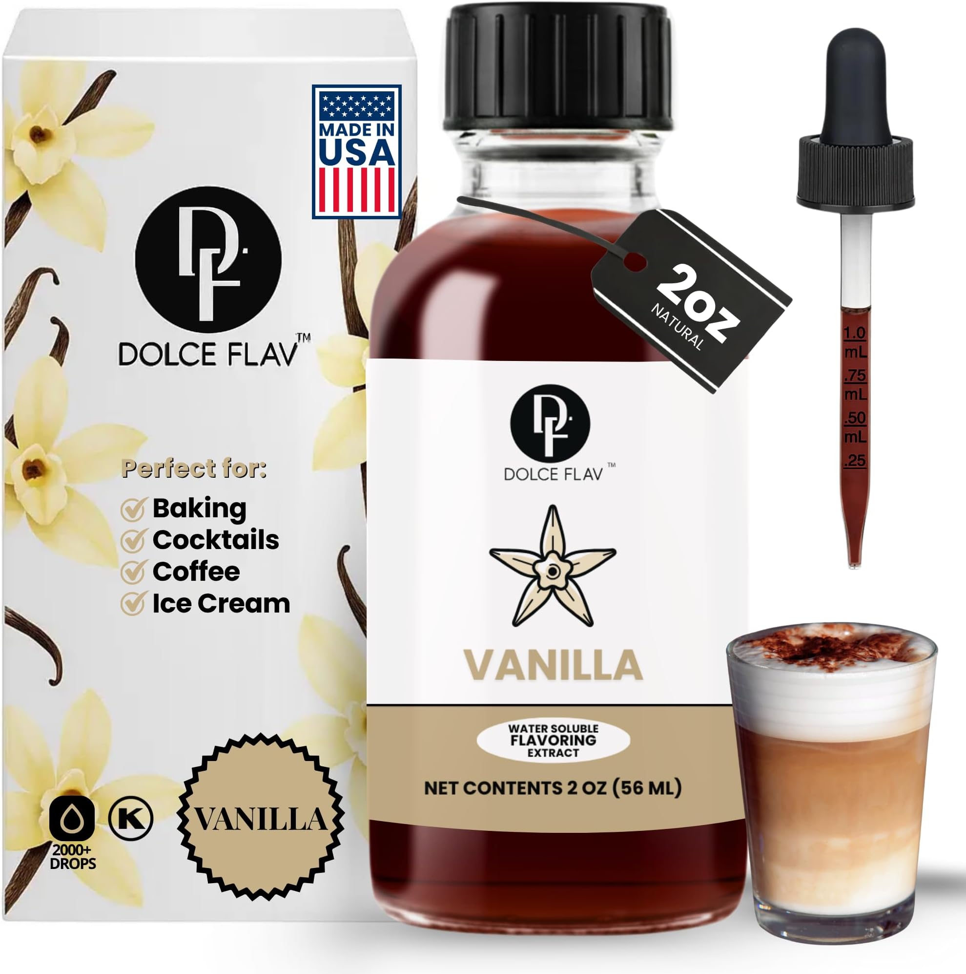 Dolce Flav Natural Water-Soluble Flavor Extracts – Sugar-Free, Kosher, Allergen-Free Concentrated Flavorings for Baking, Desserts, Beverages & More, Vanilla Extract, 2 oz