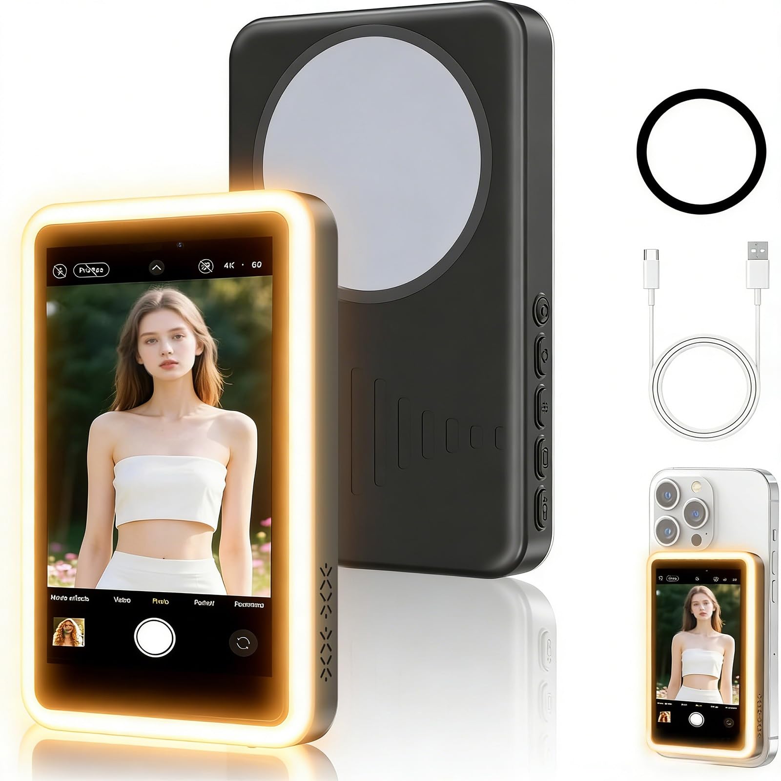 Handy Selfie Monitor, Selfie Monitor4"，Magnetische Telefon Vlog Selfie Monitorbildschirm, 480x800 Pixeln Drahtlosaufnahme, Vlog Bildschirm, Livestreaming mit Sound für Vlog TikTok YouTube (Fülllicht)