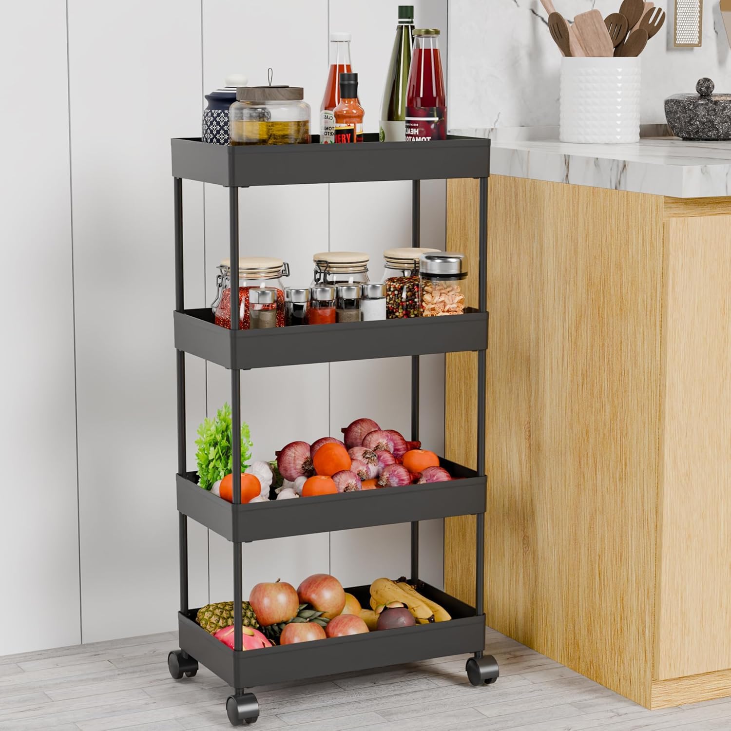 Kitchen Trolley Multipurpose Storage Organizer Slim Rack Shelf with Wheels for Living Room, Office, Bedroom, Bathroom, Kids Room (4 Layer)-image-5
