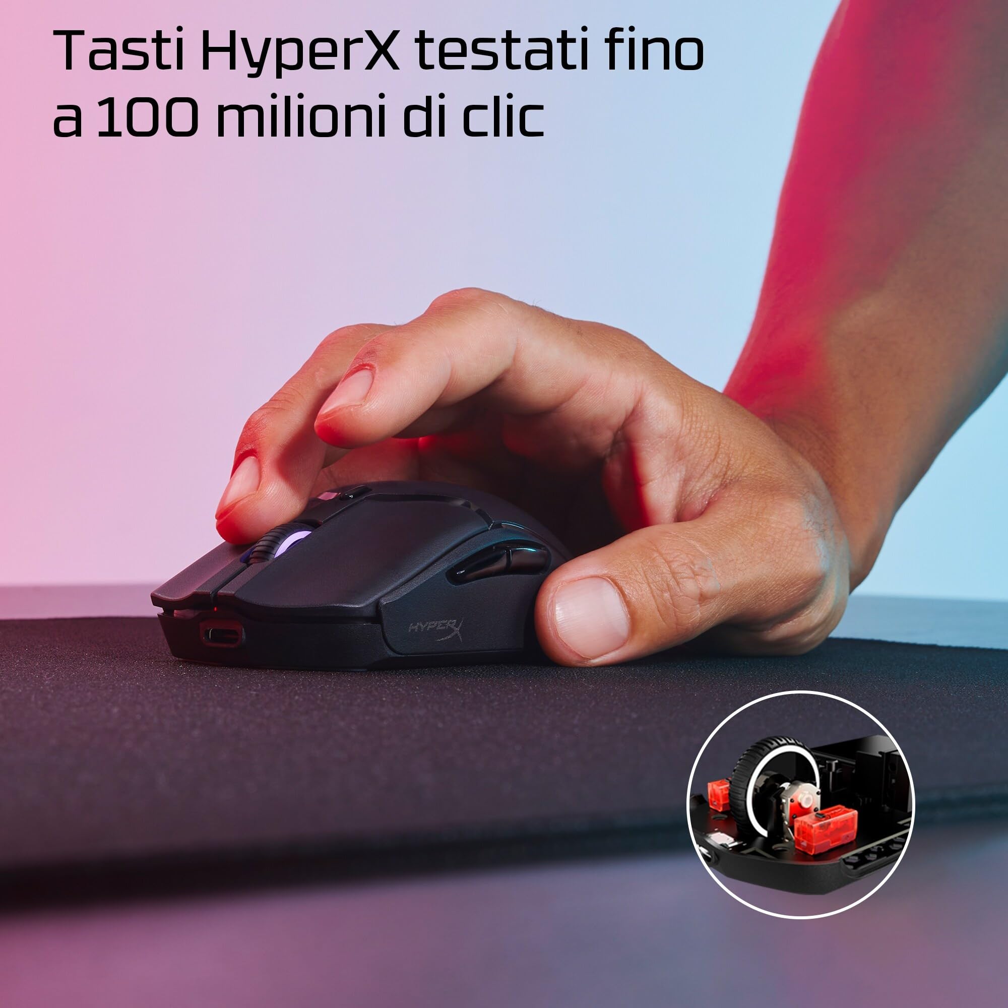 HyperX Pulsefire Haste 2 Mini, Mouse Gaming Senza Filo, Connettività 2,4 GHz, Illuminazione RGB, 6 Tasti Programmabili, 26000 DPI, Resistenza fino a 100 Milioni di Clic, Batteria fino a 100 Ore, Nero