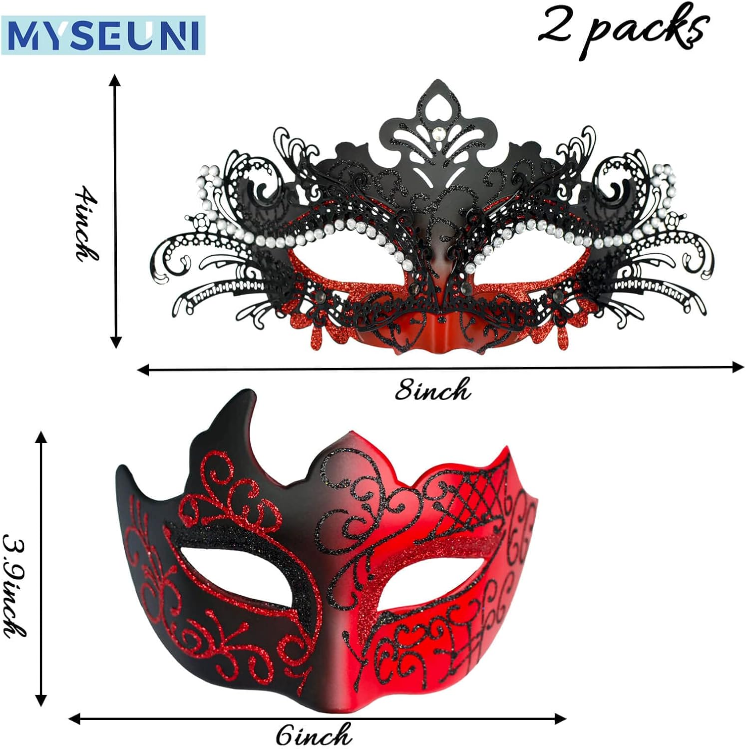 MYSEUNI 2025 Masquerade Masks for Couples, Shiny Rhinestone Metal Filigree Venetian Mask & Mens Venetian Mask for Mardi Gras
