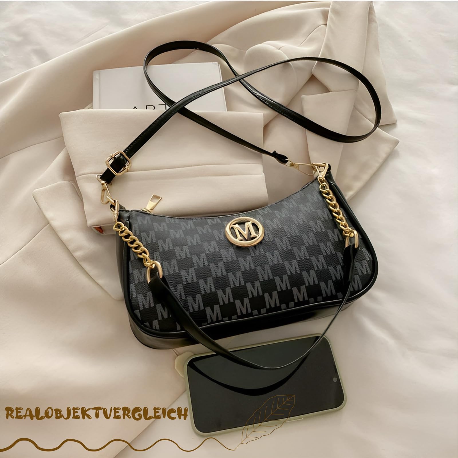 Kleine Handtasche Damen M Buchstaben Muster Elegant Schultertasche Pu Leder Crossbody Taschen Umhängetasche mit Verstellbarer Schultergurt