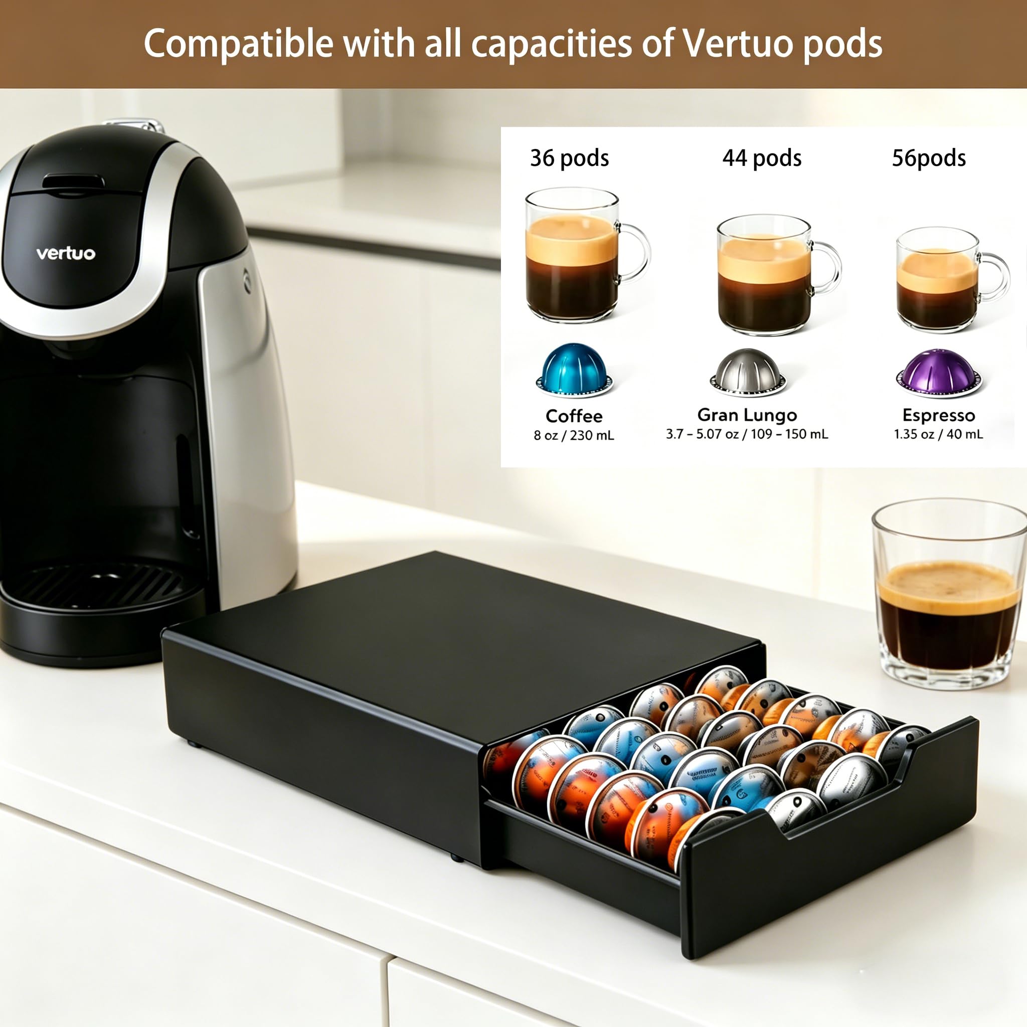 Cajón para cápsulas de café Nespresso Vertuo con capacidad para hasta 36 cápsulas grandes o 40 pequeñas Vertuo, soporte para cápsulas de café compatible con cápsulas Dolc Gusto, cápsulas K-Cup para
