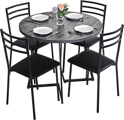 Miniatura 9 de VECELO juego de mesa de comedor redonda pequeña para 2, superficie de mesa de madera con estructura de metal resistente, comedor moderno con sillas