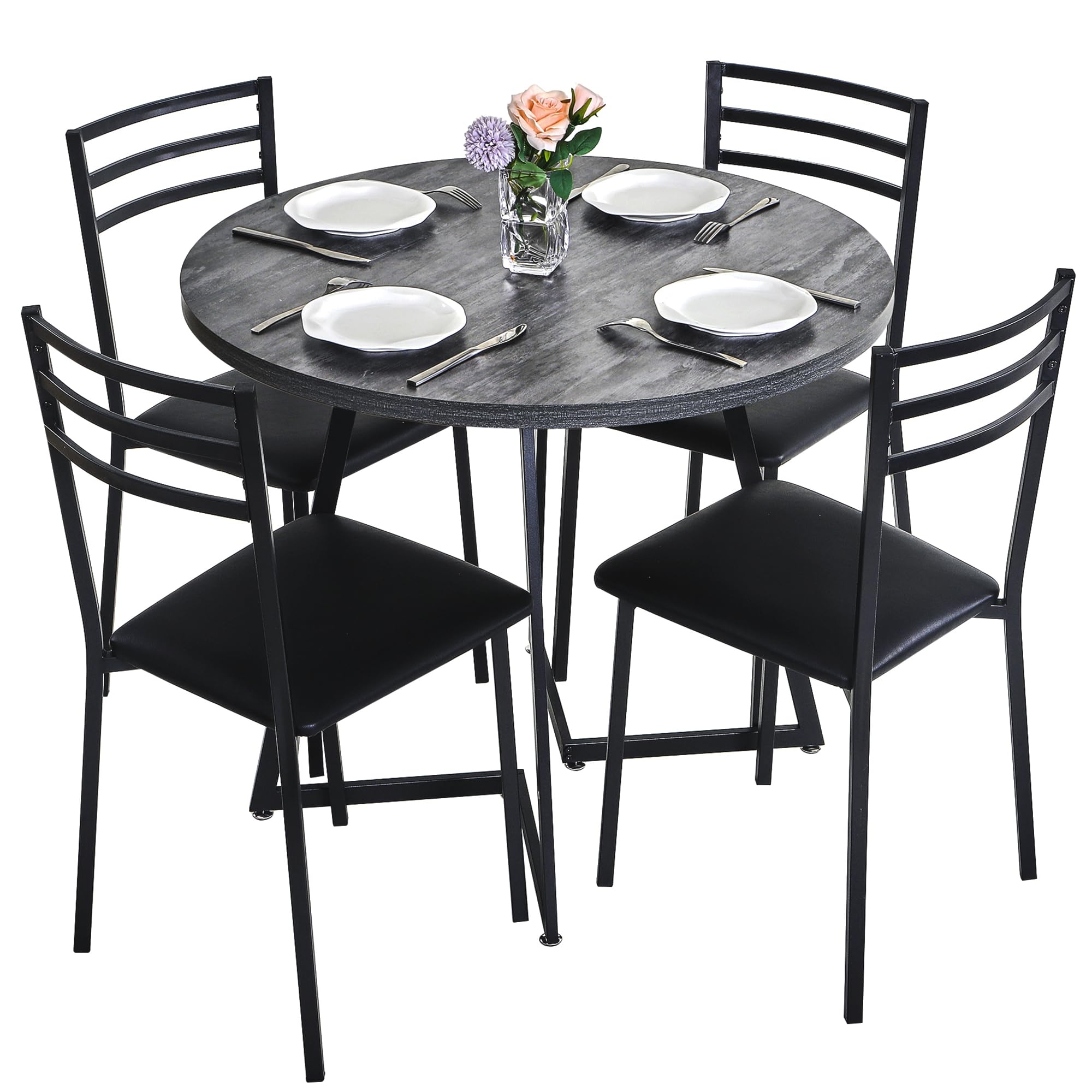 VECELO Round Dining Table Set Dark Grey