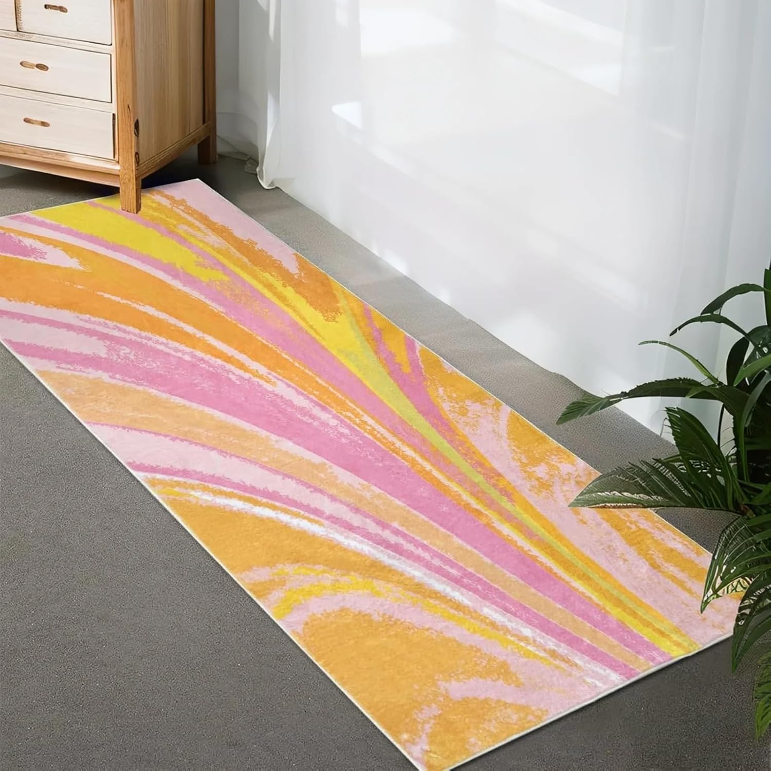 ABREEZE Colorful Striped Rug, Soft Fluffy Shaggy Decor Non-Slip Washable Carpet for Bedroom Living Room Pink and Yellow Runner Rug 31.5”x63”