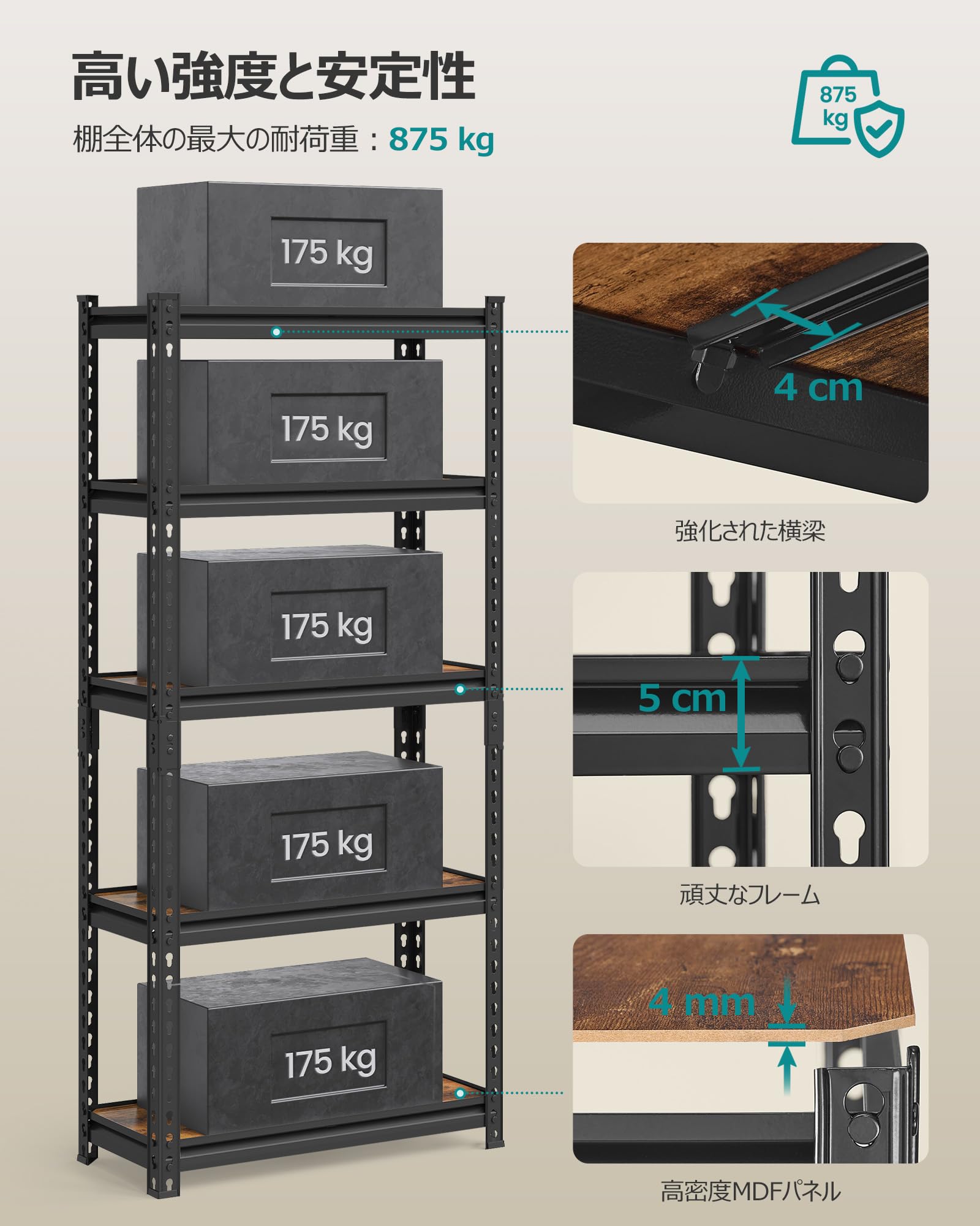 Amazon｜SONGMICS スチールラック 5段 オープンシェルフ 収納棚 本棚