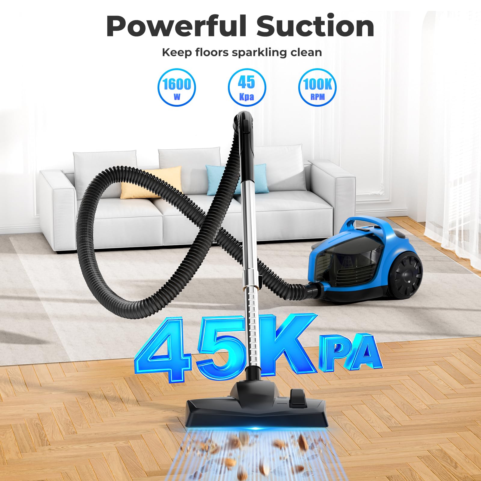 Canister Vacuums 45Kpa 1600W Canister Vacuum Cleaners for Home Double HEPA Filter 4.5Qt Bagless Vacuum Cleaner Lightweight Canister Vacuum Cleaner for Hard Floors Carpet Pet Upholstery Tiles Car Blue - 3