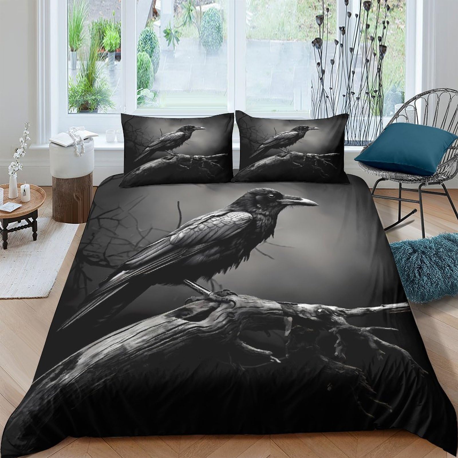 TUFRTGYHN 3D Printed Black Raven Duvet Cover Microfiber Soft Breathable Gothic Bird Bedding Set with 2 Pillowcases for Bedroom Decor Single（135x200cm）