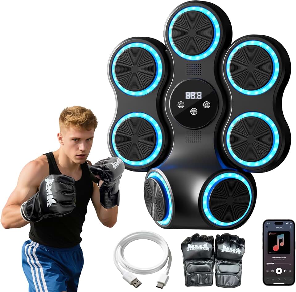 Music Boxing Machine with Seven Color LED Lights &amp; Double Bluetooth Speaker – Interactive Punching Bag for Fitness, Rhythm Training &amp; Stress Relief Home Gym Equipment for Adults