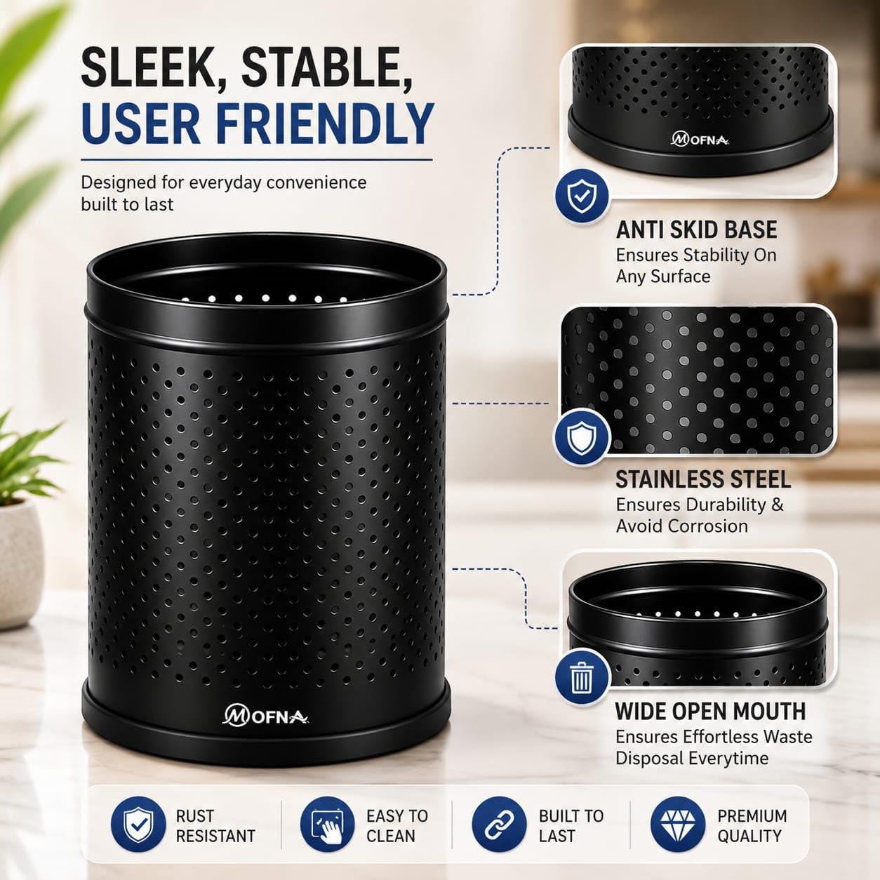 mofna Stainless Steel Perforated Dustbin for Home, Trash Can with Anti-skid Base, Garbage Bin for Bathroom, Office, Bedroom, Kitchen & Toilet or Commercial Use- (7x10 In -6 Liter, Black), Pack of 1
