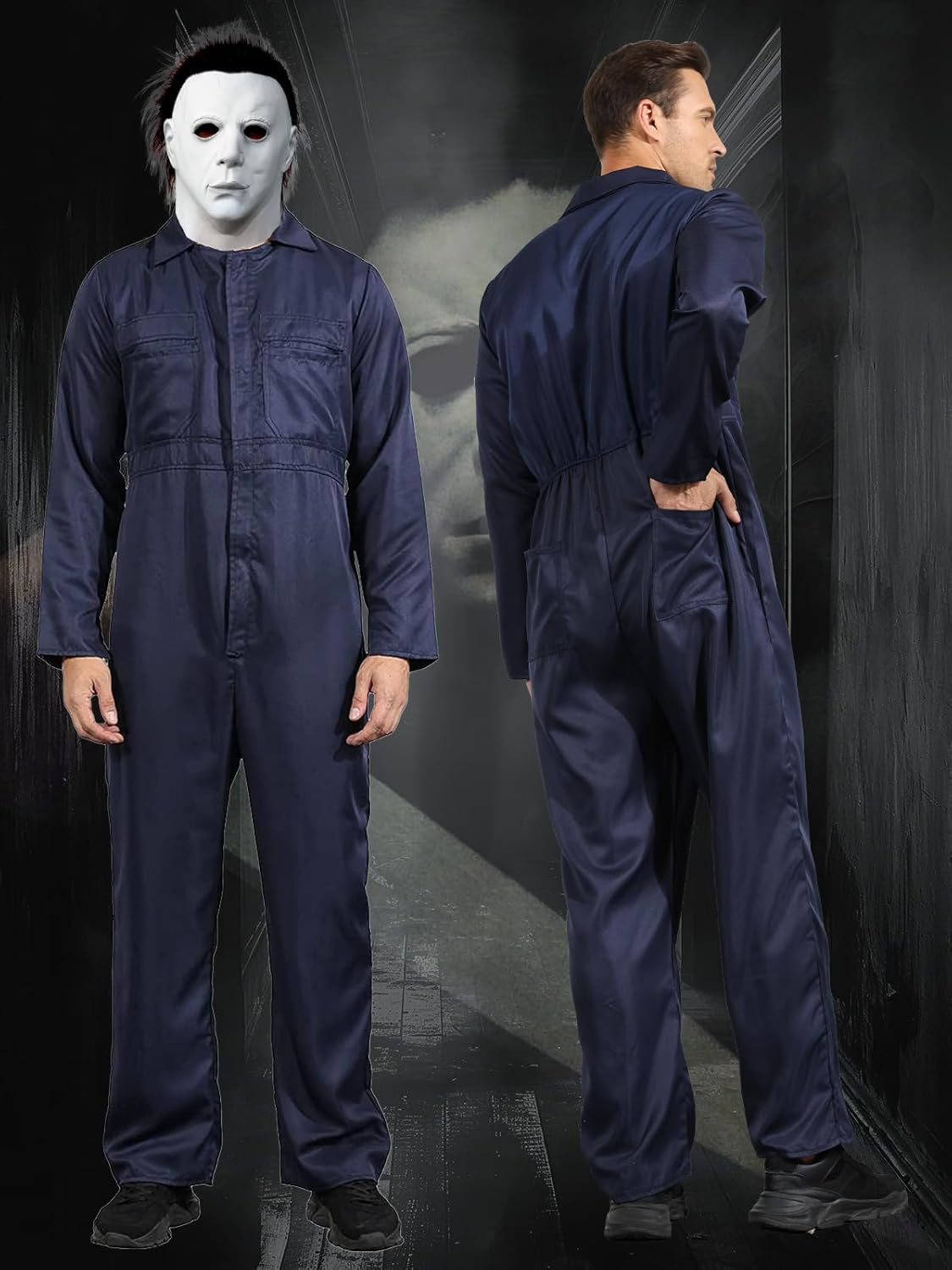 Blue Jumpsuit for Men and Boy,Halloween Cosplay Coveralls Costume with Mask and Prop Knife - Image 3