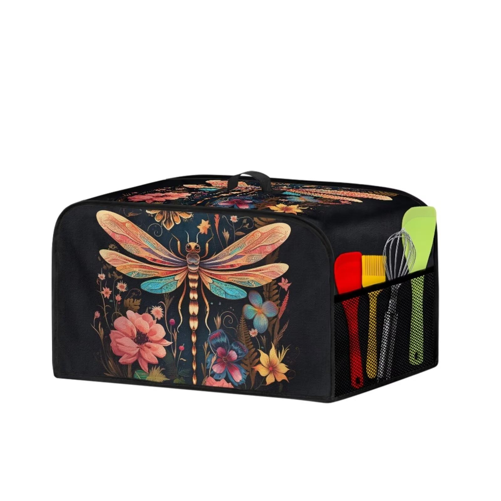 YUVAMAGIMO Dragonfly Flower Crock Pot Dust Cover Cute Crock Pot Cover with Accessory Storage Mesh Bag Oval Lid Suitable for Use in 6-8 Quart Household Kitchen Appliances Gifts for Family