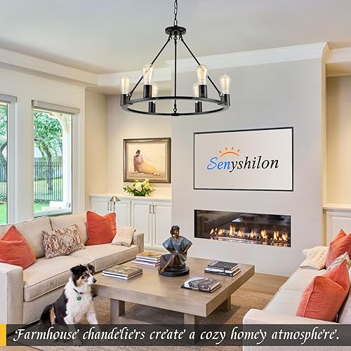 Miniatura 2 de Senyshilon Wagon Wheel - Candelabros de 6 luces industriales redondos de 23.6 pulgadas de metal negro rústico para cocina, isla, comedor,