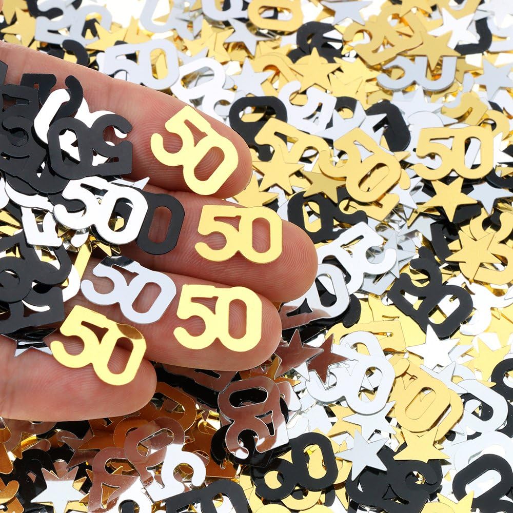 50th Birthday and Wedding Anniversary Party Table Confetti Decorations - 2400 Pieces, Gold Silver Black 50 Number and Little Star Metallic Foil Confetti for 50th Anniversary Theme Party