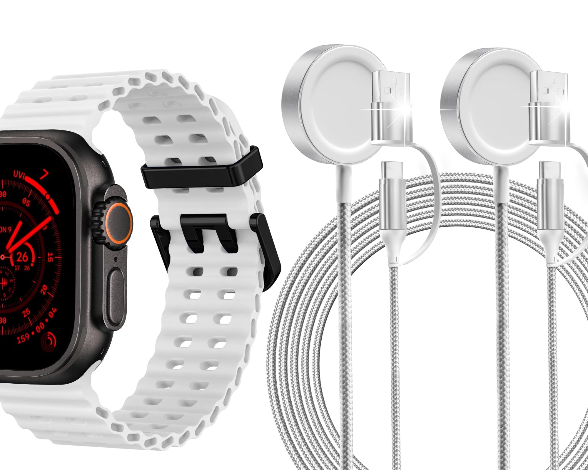 1 Pack for Apple Watch Ocean Silicone Sport Ultra 2/Ultra Band, 2 Pack Apple Watch Charger, Magnetic Wireless Fast Wireless Charging Cord Cable for USB C/USB A