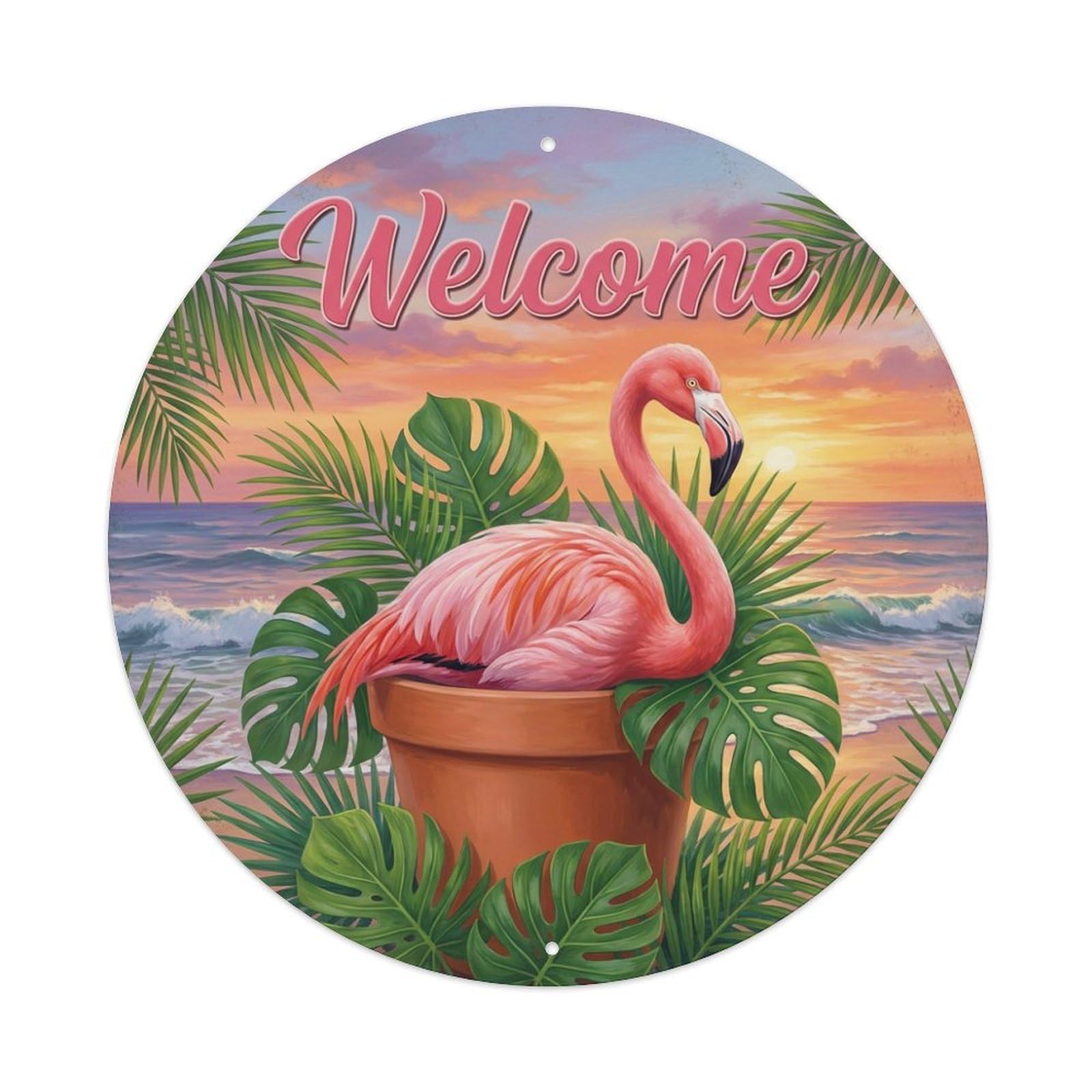 Welcome Flamingo Sunset Shore Metal Tin Sign