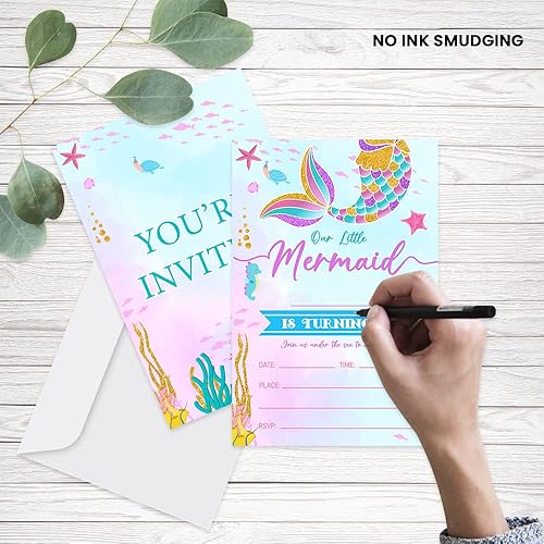 Miniatura 3 de Tuyashua Invitaciones para fiesta de cumpleaños de sirena, invitaciones de sirena bajo el mar, suministros de fiesta de sirena para niños y niñas,