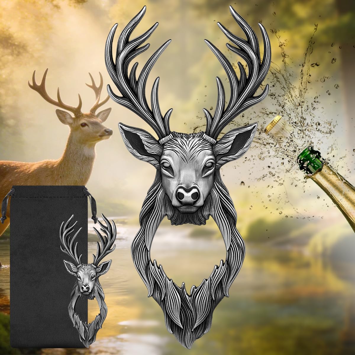 LKKCHER Deer Head Bottle Opener, Novelty Stag Gifts Hunting Gifts for Men, Women, Silver Bar Tool with Gift Bag, Unique Present for Birthday, Father’s Day, Christmas, BBQ, Camping, Pub Night