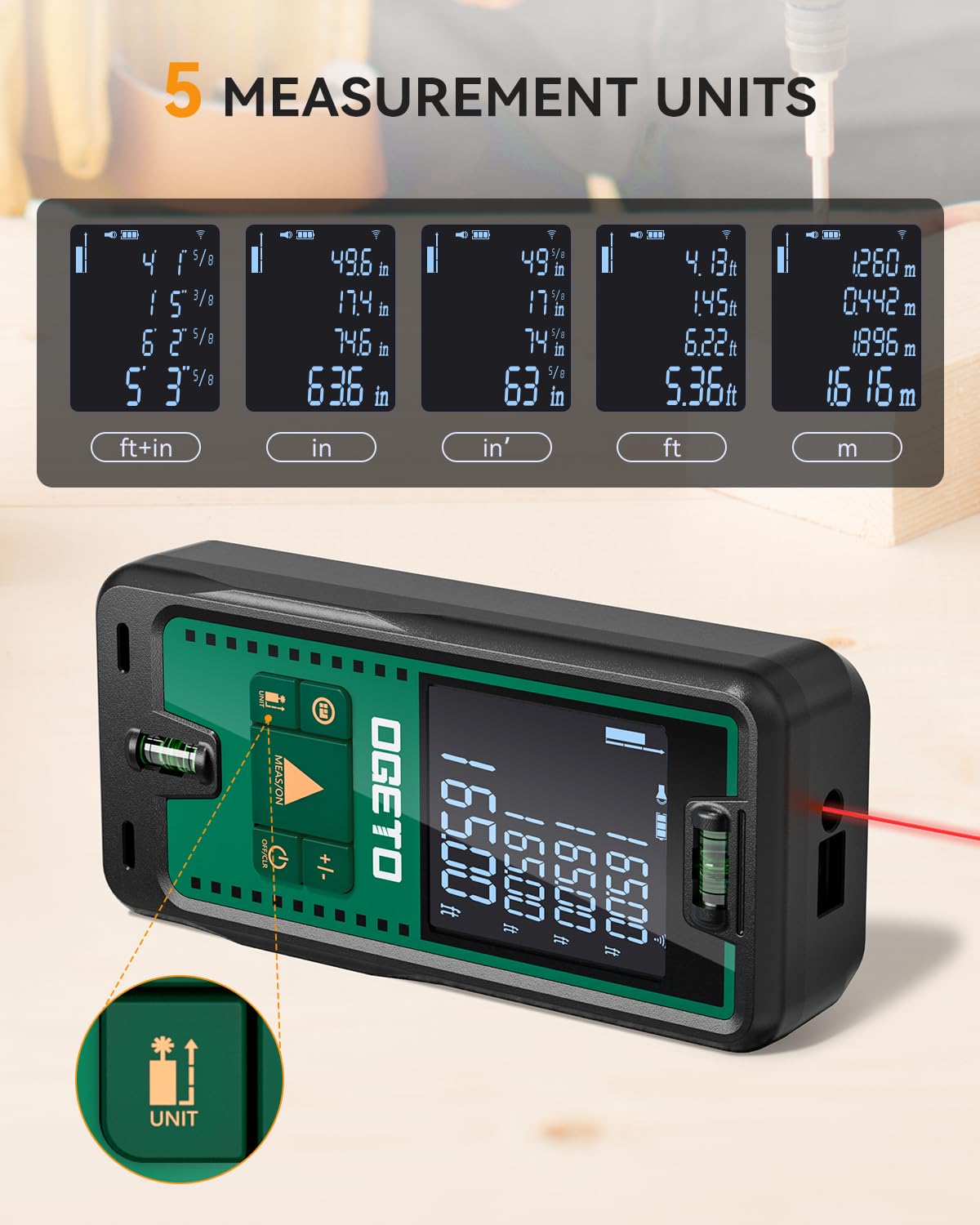 Laser Entfernungsmesser, OGETO Laser Entfernungsmesser mit LCD Hintergrundbeleuchtung, 99 Datensätze, M/In/Ft, Pythagoras/Abstand/Fläche/Volumen Messungen(2*AAA Batterien, IP54)