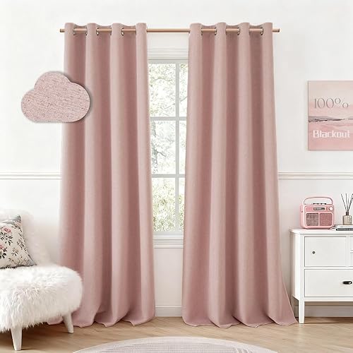 HOMEIDEAS Blush Pink 100% Blackout Curtains 96 Inches Long, Thick Faux Linen/Linen Blend Textured Window Drapes, Cute Room Darkening Grommet Rosa