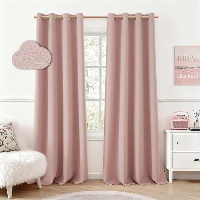 HOMEIDEAS Blush Pink 100% Blackout Curtains 84 Inches Long, Thick Faux L...
