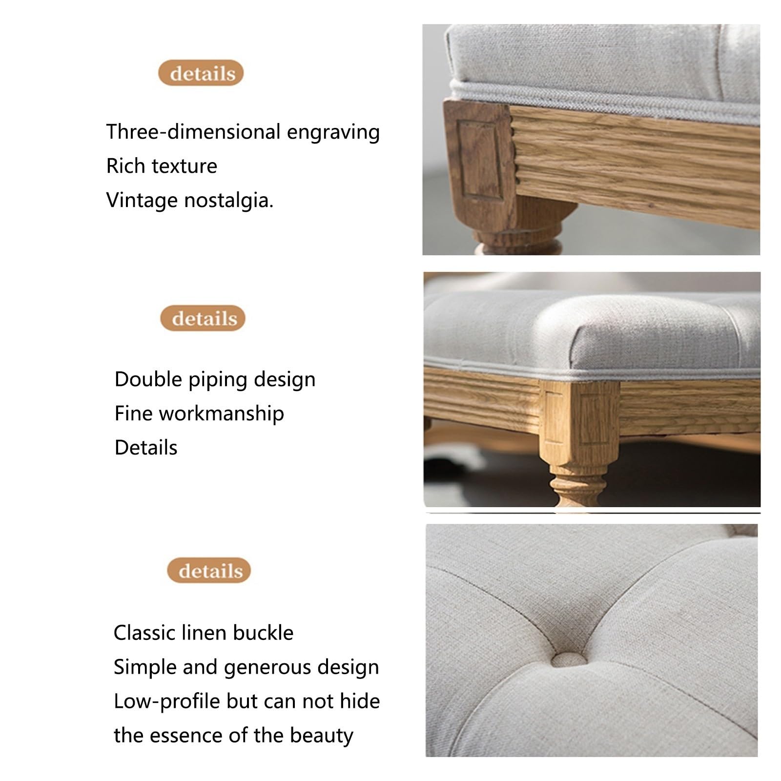 Banc de Bout de Lit Banc vintage français avec siège rembourré et pieds en bois d'hévéa, banc d'entrée et de salle à manger rembourré en mousse à mémoire de forme, banc d'extrémité de lit en tissu tou
