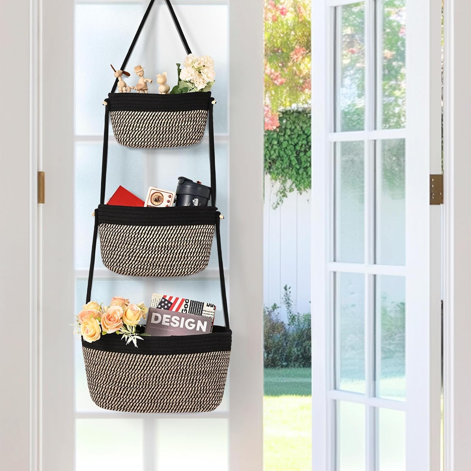 Hanging Storage Baskets, Over the Door Basket, Cotton Wall Baskets Storage, Hanging Door Basket with 4 Hooks