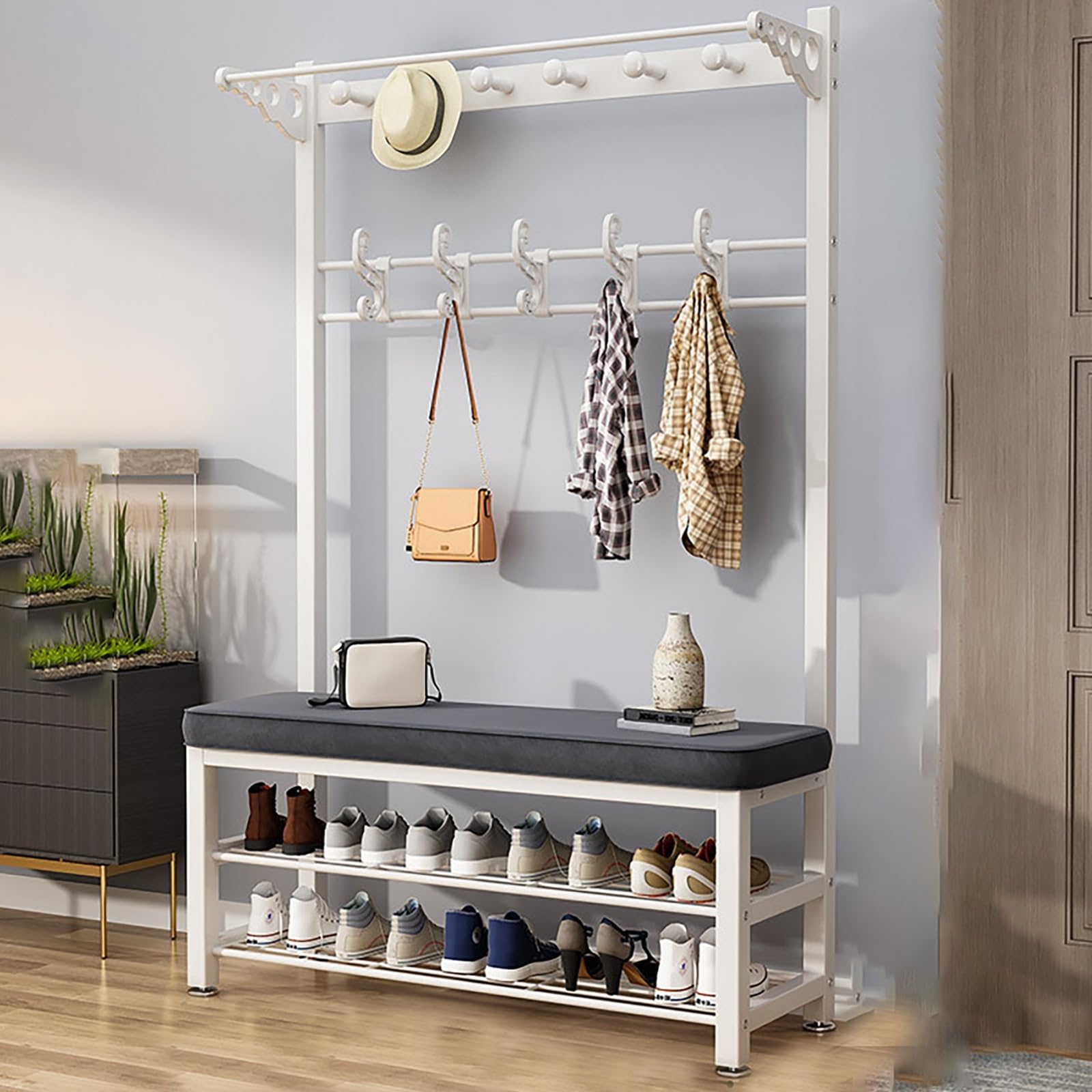 Perchero 3 en 1 con banco de almacenamiento de zapatos, ganchos móviles, marco de metal industrial, muebles de árbol para sala de estar, dormitorio, color negro
