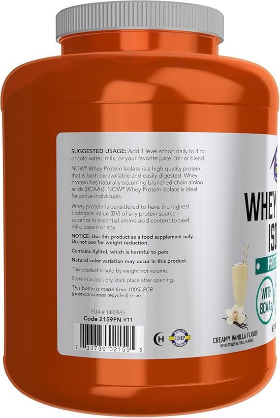 NOW Foods Sports Nutrition, Whey Protein Isolate, 25 g With BCAAs, Creamy Vanilla Powder, 5-Pound