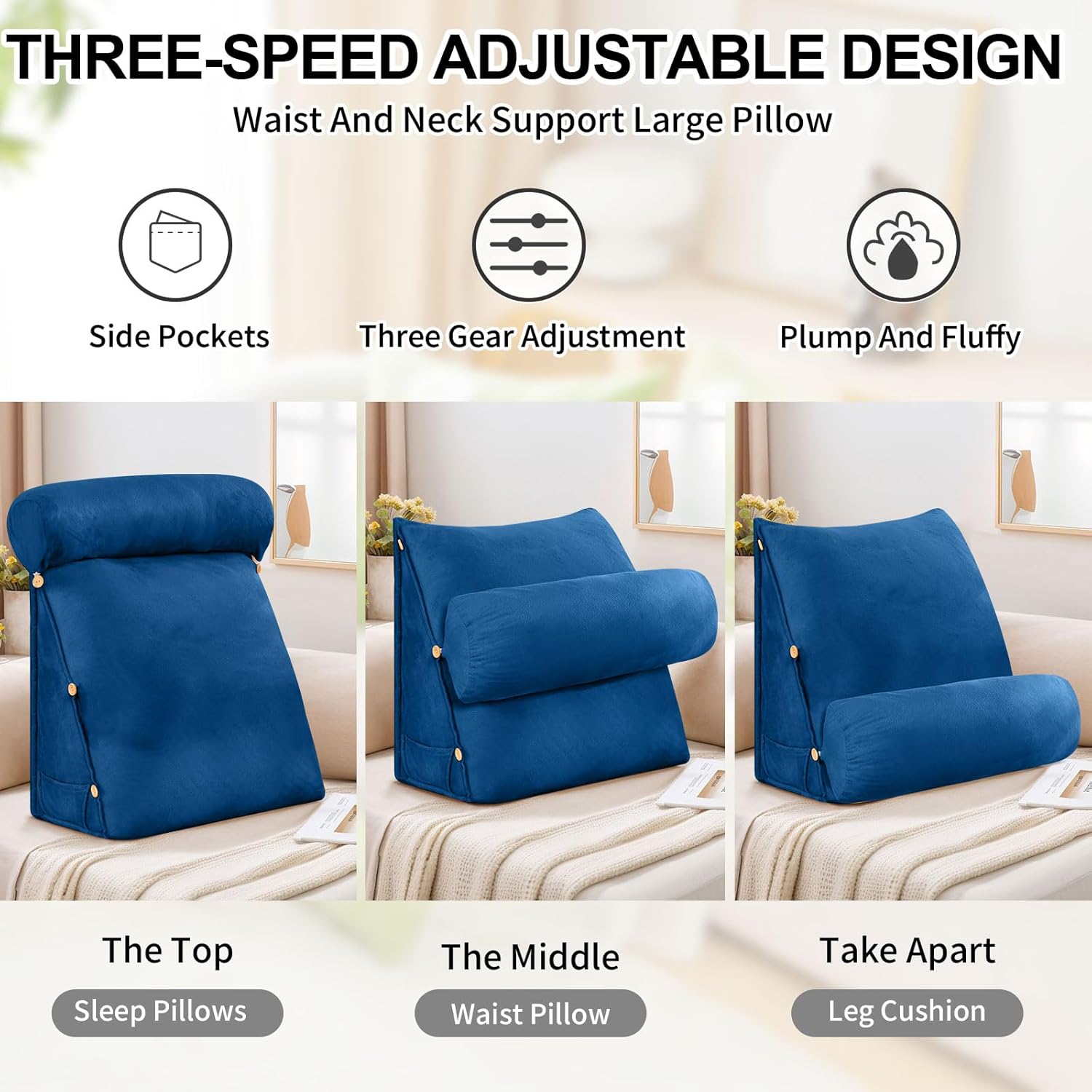 ele ELEOPTION Lumbar Back Support Pillow with Removable Neck Roll Wedge Back Cushion for Bed & Sofa with Side Pocket, Ergonomic Support Pillow for Reading (Navy Blue)