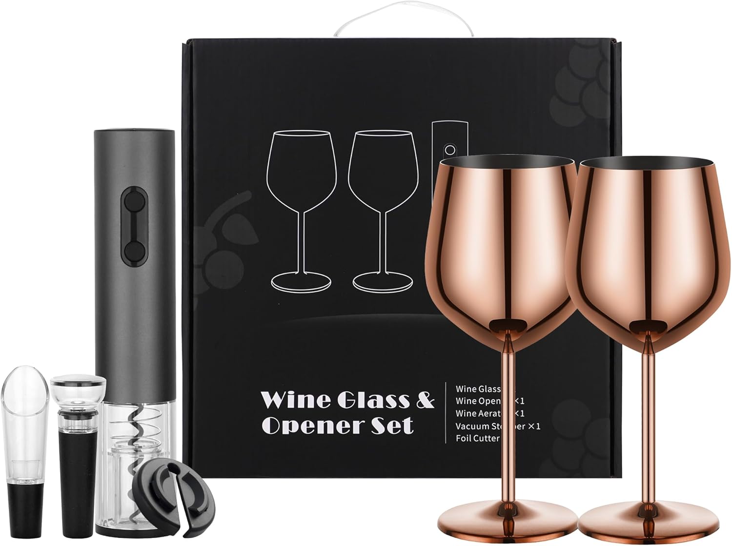 Wine Opener Electric Rechargeable, Automatic Corkscrew Kit, Including Stainless Steel Rose Gold Wine Goblet of 2, Metal Wine Glass, Ideal Gift for Wedding, Wine Lover, Birthday, Girl, Men