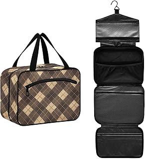 Neceser colgante de viaje para mujer, con gancho, organizador de maquillaje, diseño a cuadros, color marrón café, Marrón café_1, 12.6" x 9" x 5.7", Colorido