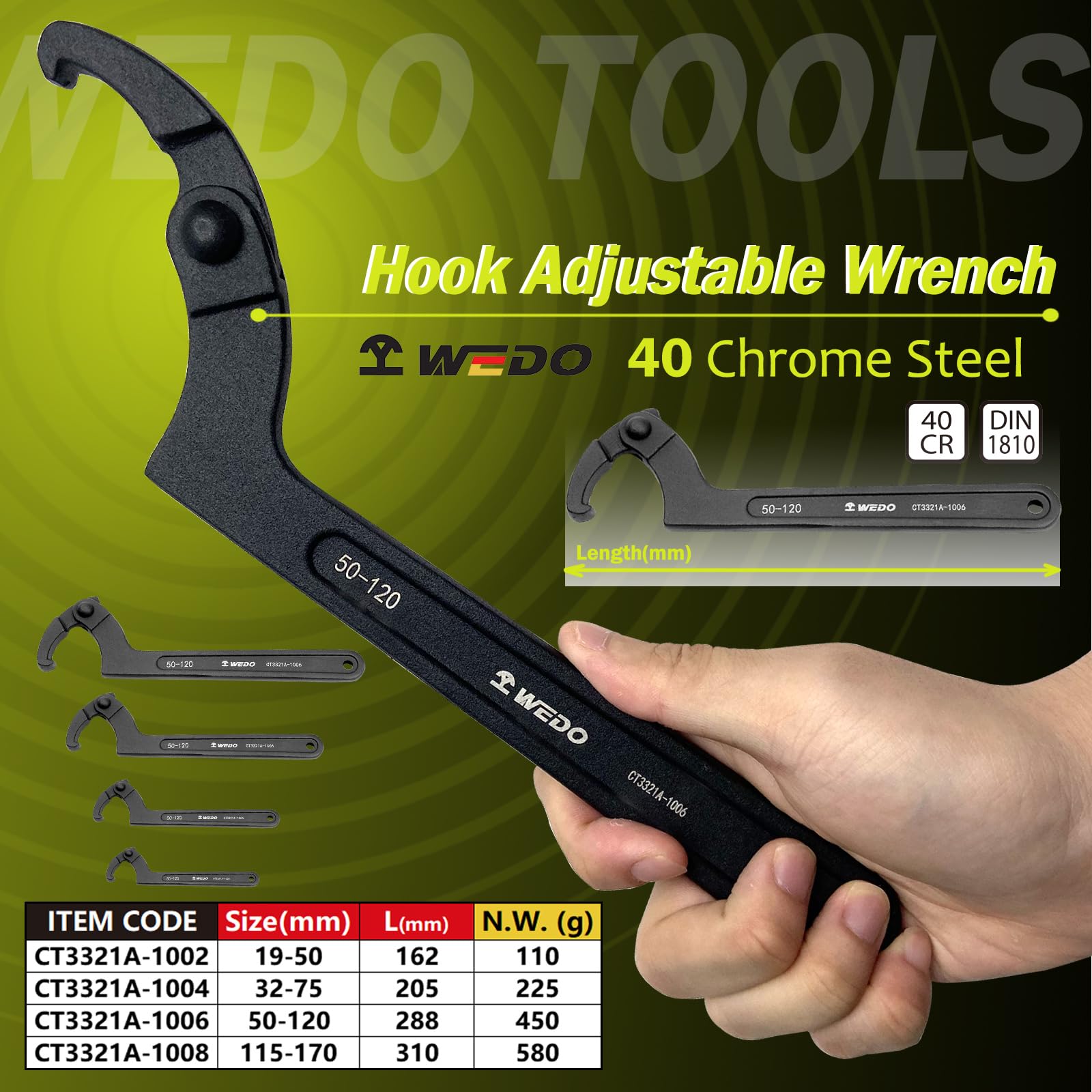 WEDO 4pcs Adjustable C Spanner Hook Wrench Set,Adjustable Hook Wrench,40 Chrome Steel, Die Forged,Strong Torque,High Strength,Wear Resistance,Black-Spray on Surface,DIN1810 Standard